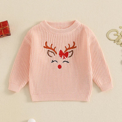 Girl Christmas Sweater Reindeer Embroidery Pattern Chunky Knitwear Newborn Xmas Tops