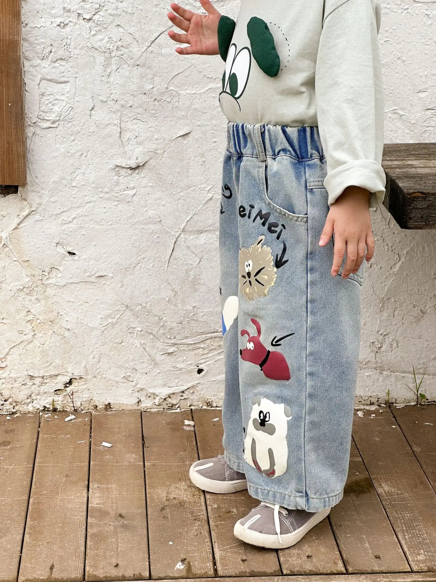 Baby Cartoon Print Jeans Loose Boy/girls Letter Casual Denim Pants