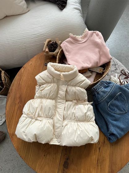 Children Girls Down Vest Cute Bow Thick Coat Versatile Warm Kids Clothes