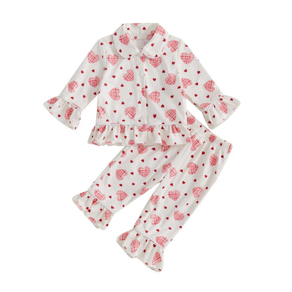 Girls Pajamas Set Heart Print Long Sleeves Shirt and Elastic Waist Pants