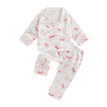 Girls Spring Autumn Pajama Set Long Sleeve Lapel Bow Print Shirt Elastic Waist Pants