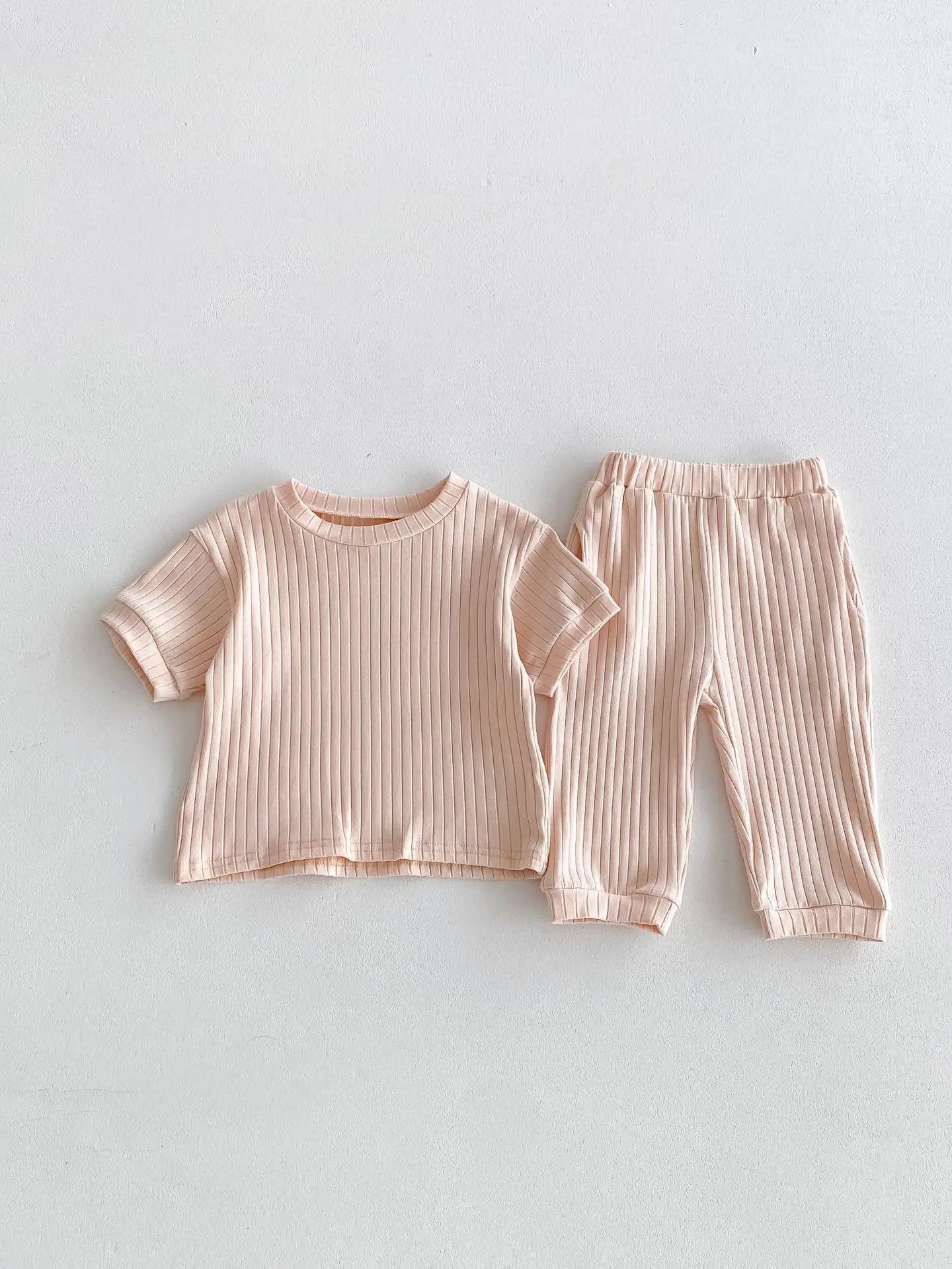 Boy Girl Children Solid Ribbed Short Sleeve Tops+Pants Pyjamas Set