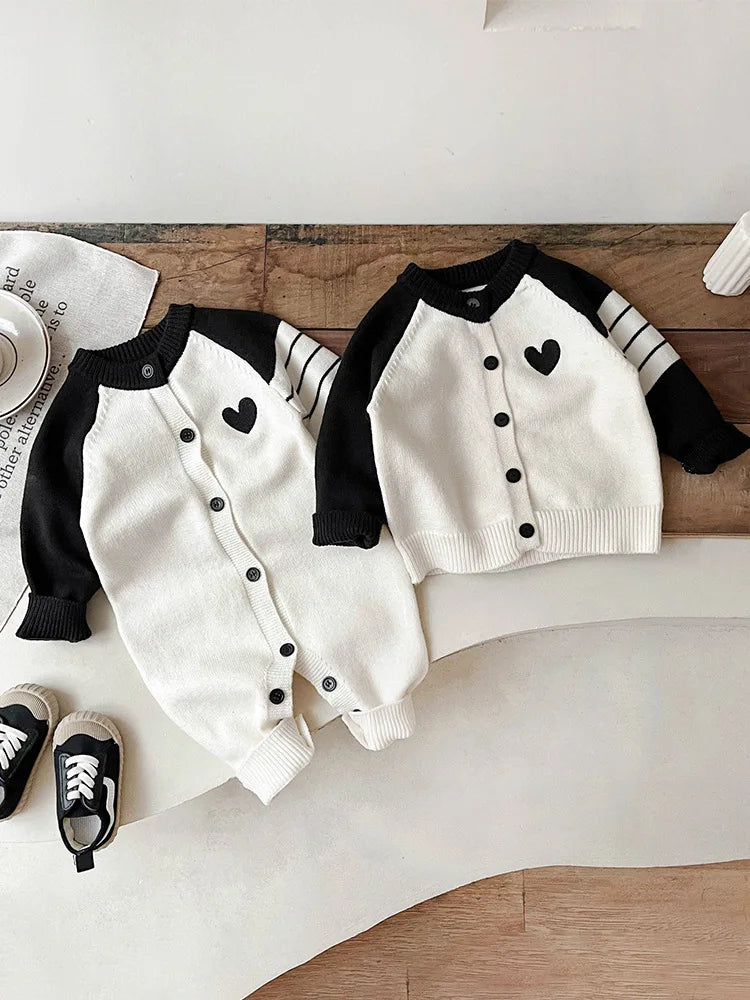 Baby Long Sleeve Knitted Romper Infant Boy Girl Heart Patchwork Jumpsuit