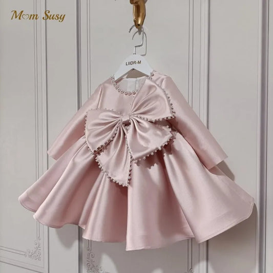 Girl Princess Silk Pearl Dress Long Sleeve Infant Vintage Bow