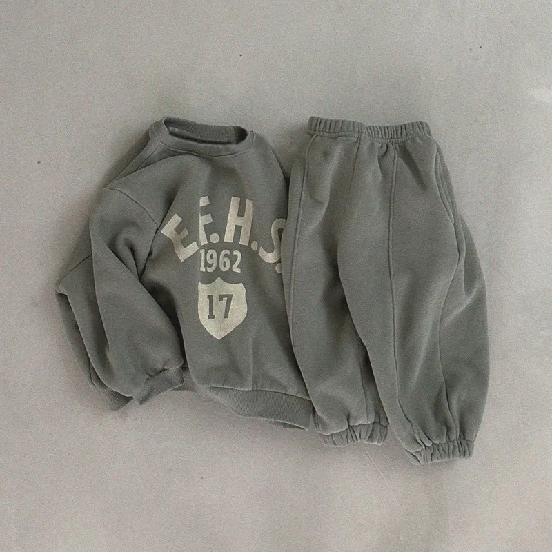 Letter Print Boys Plus Velvet Thick Sports Set Kids Warm Outfits