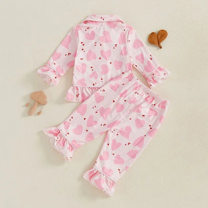 Girls Pajamas Set Heart Print Long Sleeves Shirt and Elastic Waist Pants