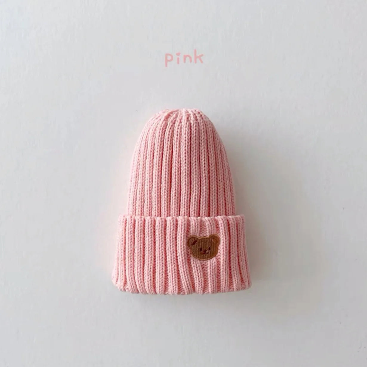 Candy Color Baby Boys Knit Hat Baby Girls Bear Head Embroidery Kids Knitted Hat