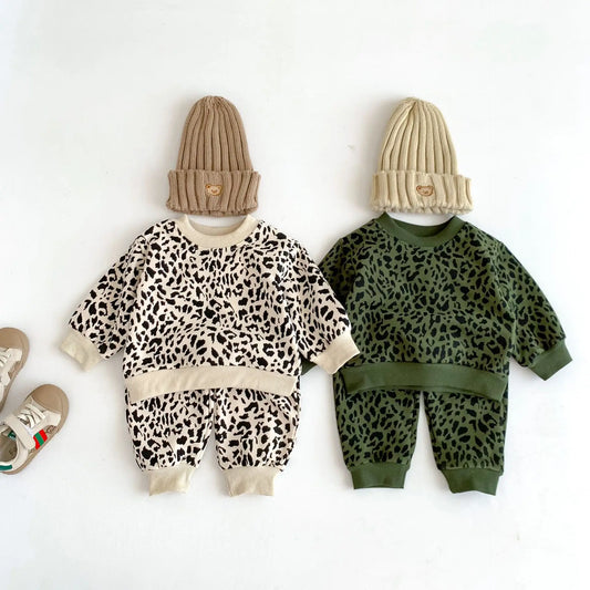 Toddler Boy Fashion Leopard Sweatshirt Suit Girl Cotton Print Casual Tops + Pants