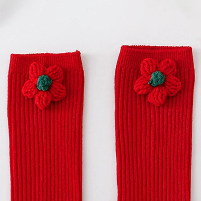 Girls Christmas Socks Cute Crocheted Flowers Dress Socks Breathable Walking Socks