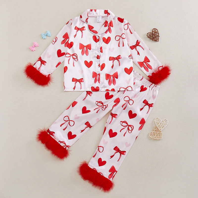 Girls Pajama Set Heart Bow Print Lapel Button-up Tops Elastic Waist Pants