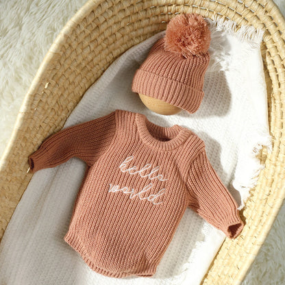 Newborn Photography Romper with Matching Pomp Hat Baby Boy Girl Sweater Outfits for Photo Shooting