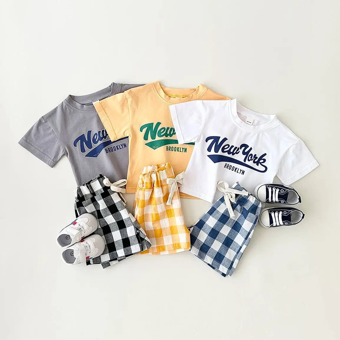 Newborn Baby Boys/Girls Clothing Set New York Print T-shirt+Checkered Shorts