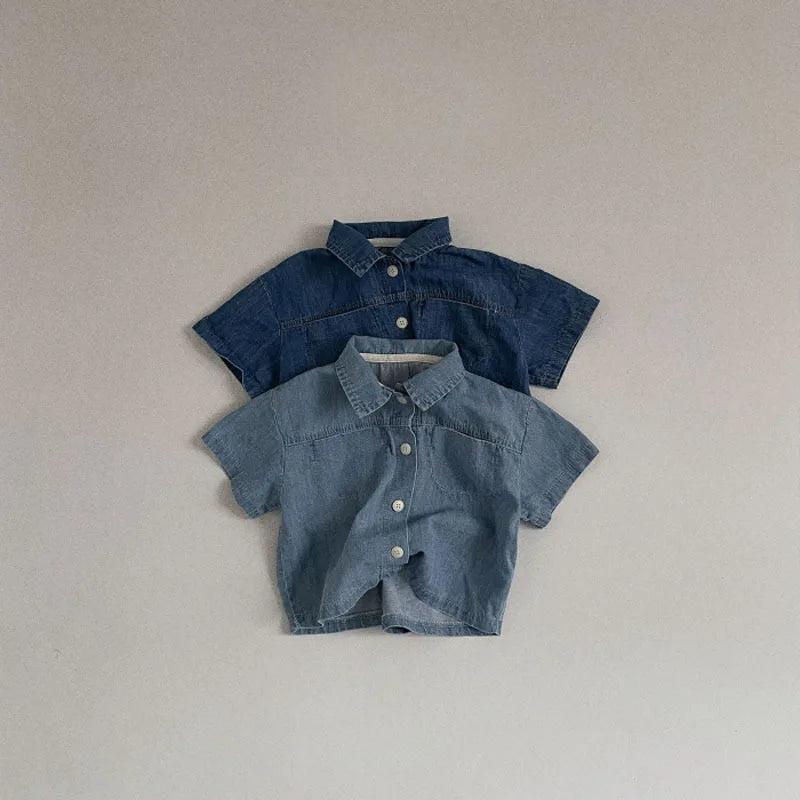 Girl/Boys Solid Shirt Short Sleeves Turn-down Collar T-shirt And Short Jeans