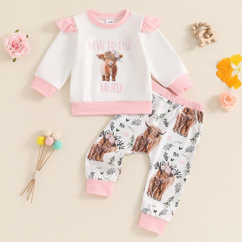 Toddler Girl Letter Cow Print Sweatshirt and Long Pants 2Pcs