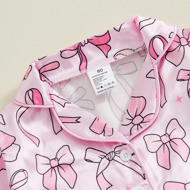 Little Girls Satin Pajamas Set Long Sleeve Bow Print Button Down Shirts and Pants