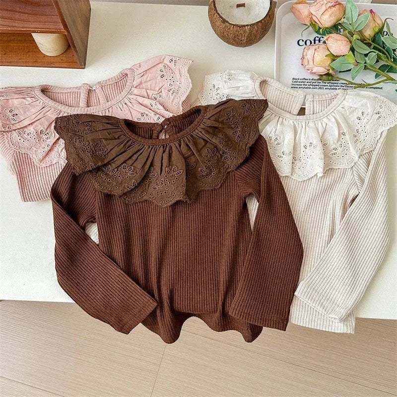 Girls Tops Ruffle Collar Long Sleeve T-Shirt