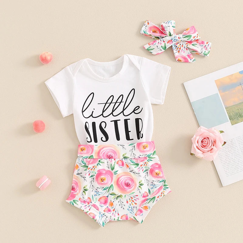 Baby Girls Letter Print Short Sleeve Romper with Floral Pattern Shorts and Bow Headband