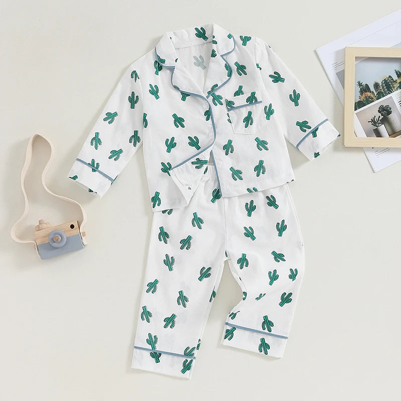 Boy Girl 2-Piece Pajamas Set Daisy Pattern Lapel Button Down Tops Pants