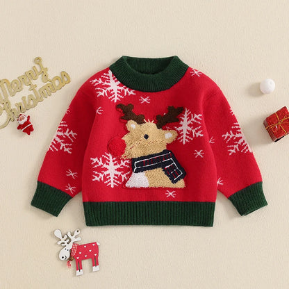 Girls Boys Christmas Reindeer Embroidery Pullover Autumn Winter Knitwear Tops