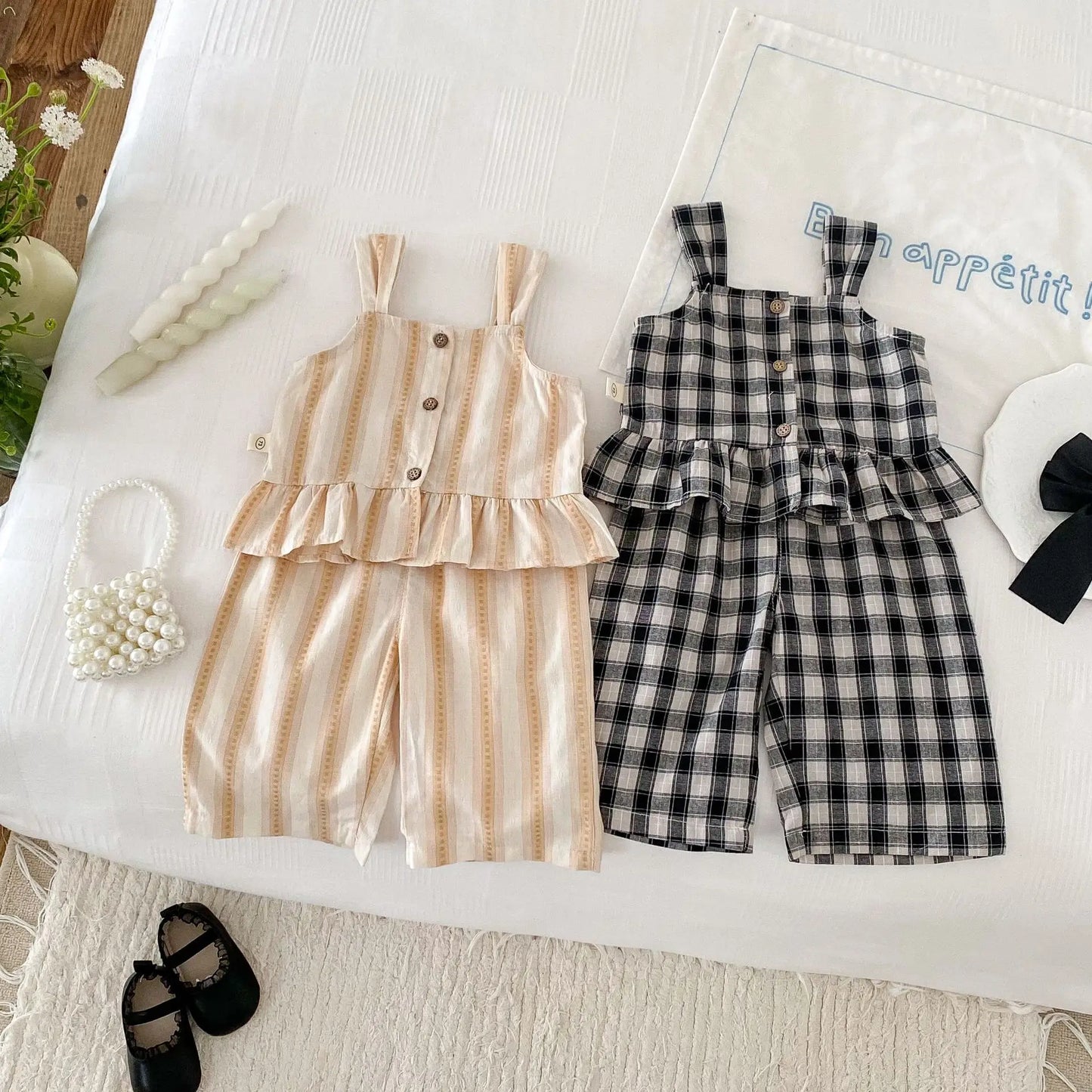 New Girl Children Striped Suspenders Shirt + Wide Leg Pants 2pcs