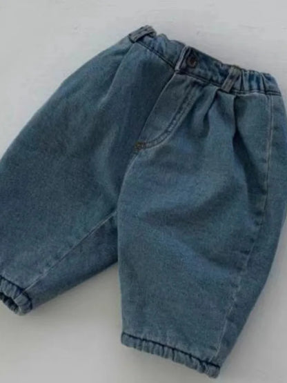 Baby Plus Velvet Thick Denim Trousers Children Windproof Warm Casual Pants