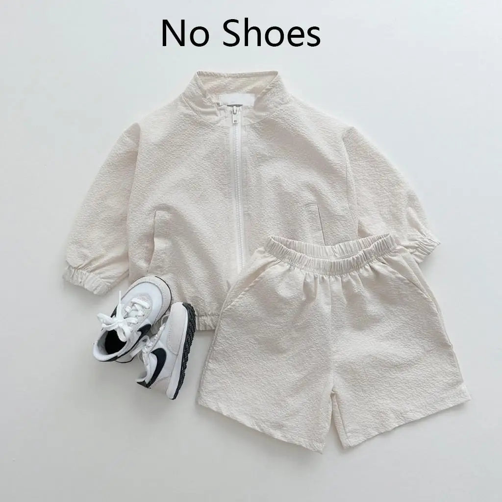 Boy Girl Children Thin Loose Solid Zipper Long Sleeve Tops + Mid Pants