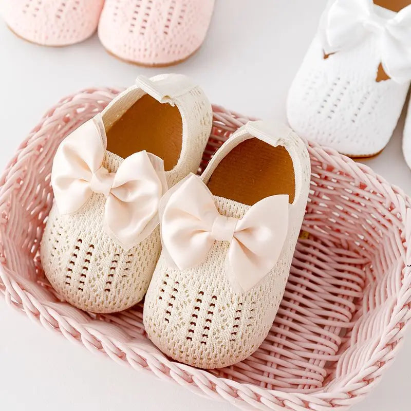 Girls Princess Flats Cute Bow Knitted Hollowed out Shoes Casual Walking Shoes