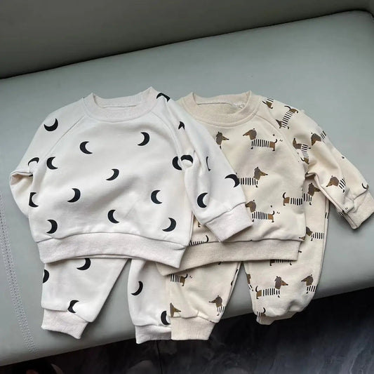 Baby Long Sleeve Clothes Set Infant Moon Print Sweatshirt + Pants 2pcs Gym Suit