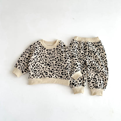 Toddler Boy Fashion Leopard Sweatshirt Suit Girl Cotton Print Casual Tops + Pants