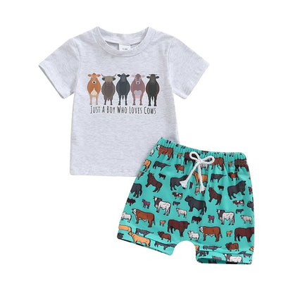 Baby Boy Western Outfits Short Sleeve Cow Print T-shirt Tops + Shorts Set