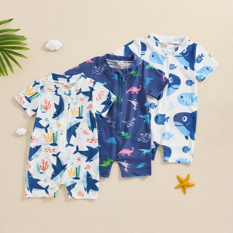 Baby Boy Swimming Costume Cartoon Print Swimwear Short Sleeve Bathing Suit