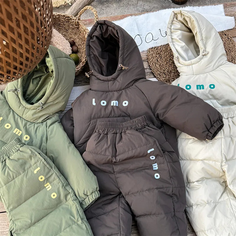 Boys Hooded Down Jackets Suit Letter Print Kids Girls Warm Down Pants Outfits