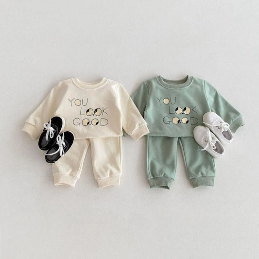 Boy Girl Cartoon Pullover Shirt Set Baby Letter Print Tops + Pants 2ps