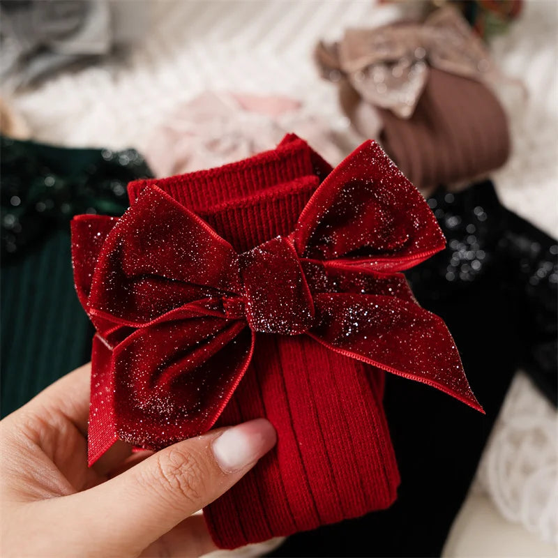 Baby Girls Knee High Socks Big Bow Long Soft Christmas Sparkly Sock