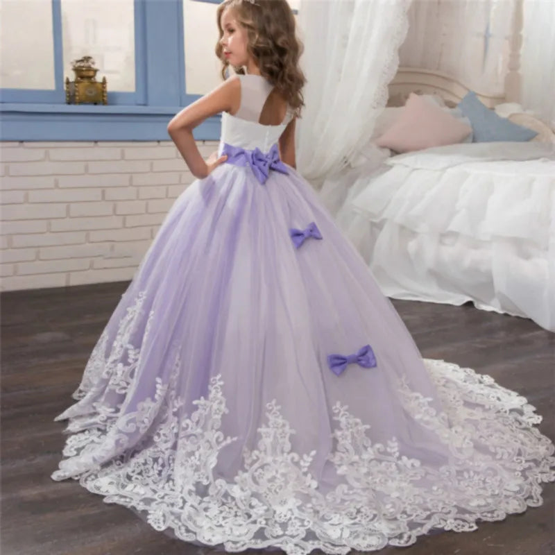 Girls Party Dresses Elegant Teenage Events Flower Purple Long Gown Wedding Costume