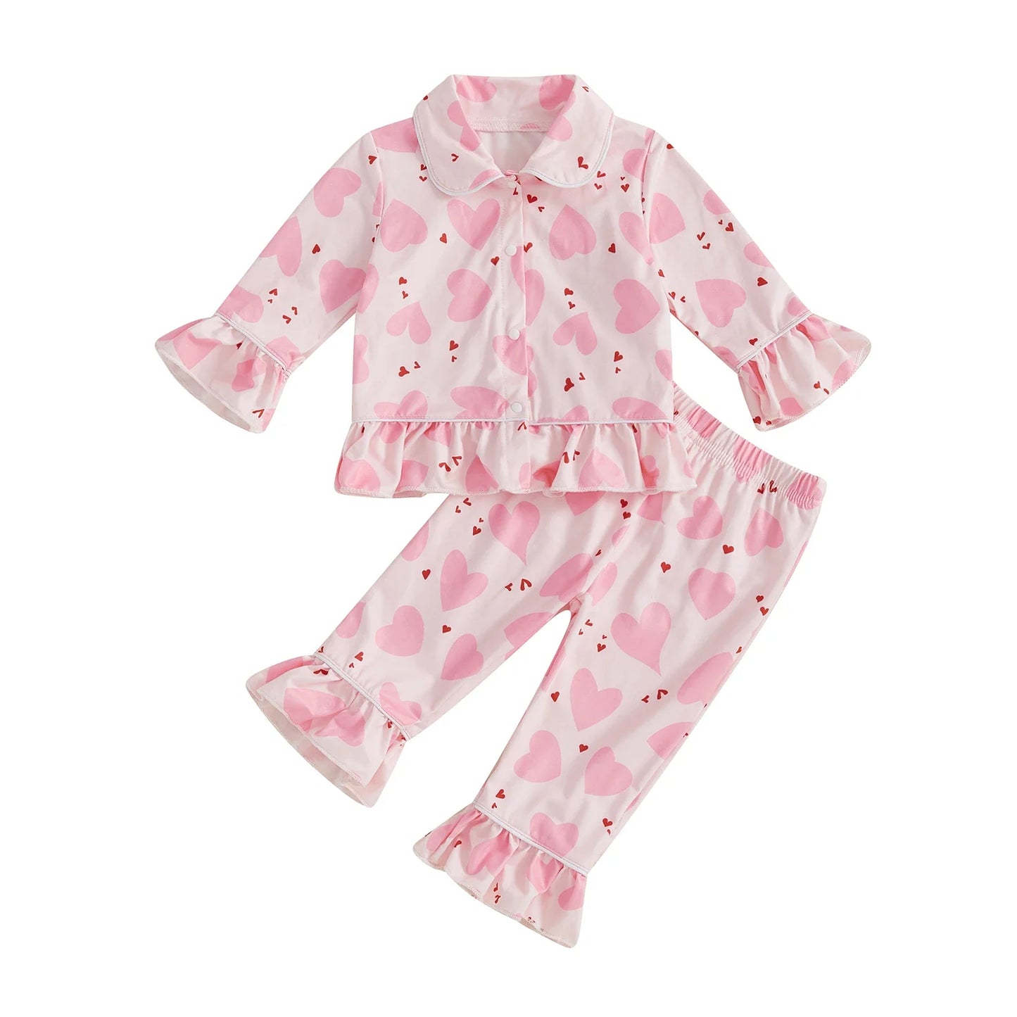 Girls Pajamas Set Heart Print Long Sleeves Shirt and Elastic Waist Pants