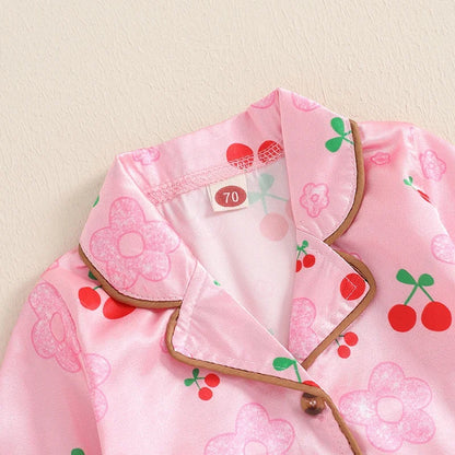 Strawberry/Cherry Print Long Sleeve Button Shirts with Elastic Waist Pants Sleepwear