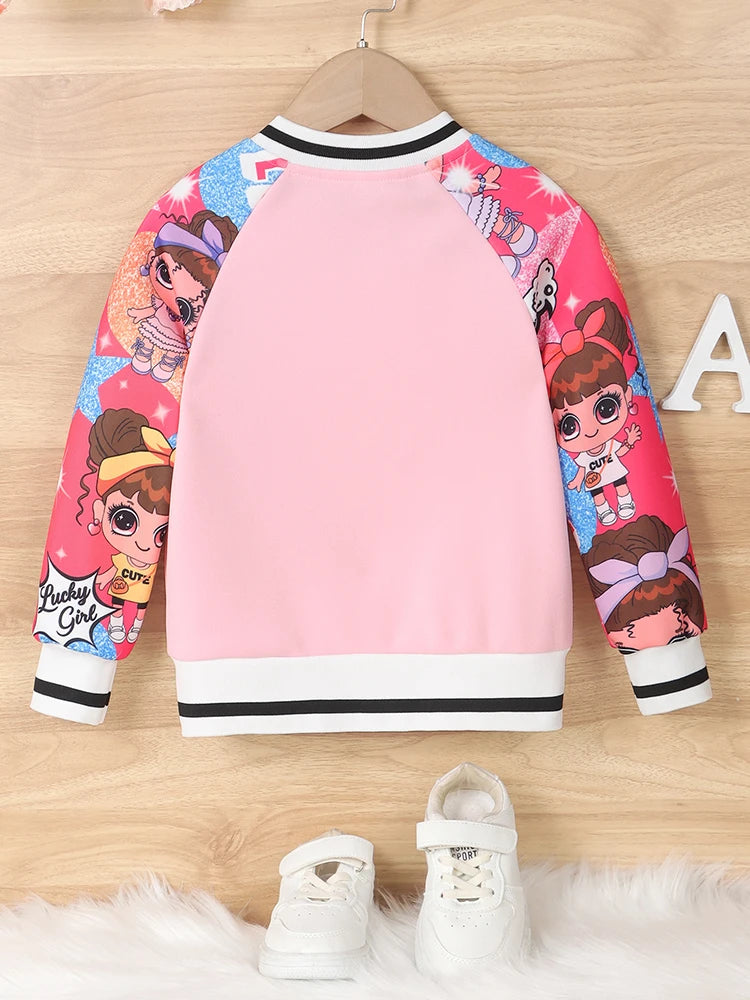 Girls Letter“A” Pattern Cartoon Doll Print Baseball Uniform Jacket