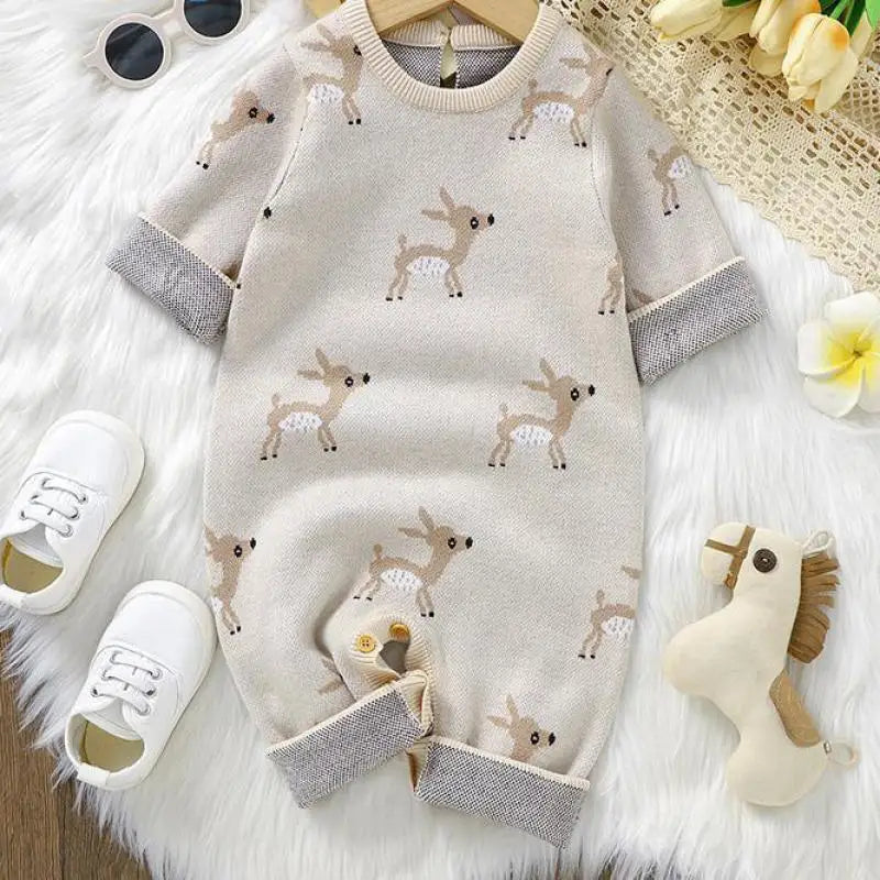 Boy Girl Cartoon Deers Knitted Romper Newborn Warm Casual One-piece