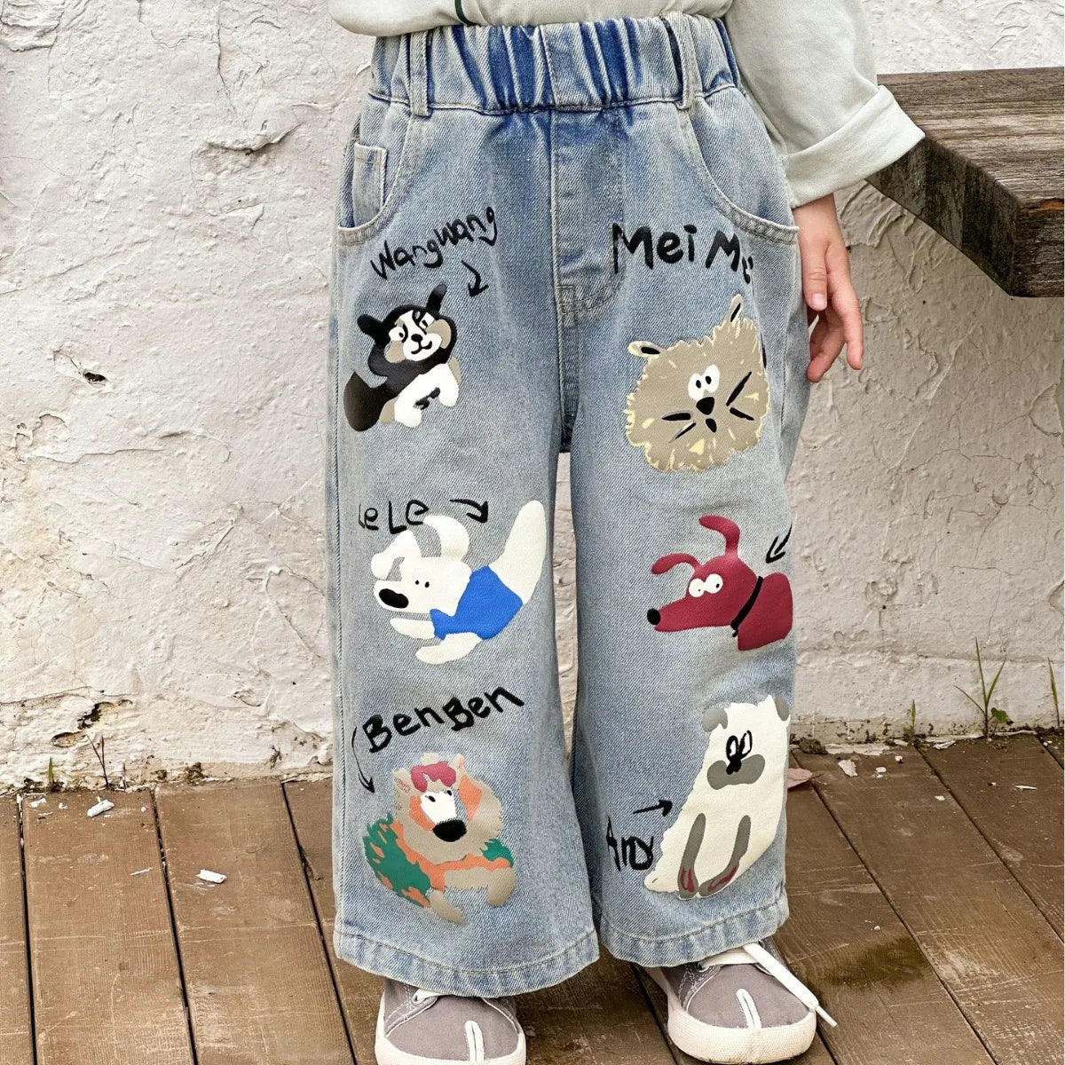 Baby Cartoon Print Jeans Loose Boy/girls Letter Casual Denim Pants