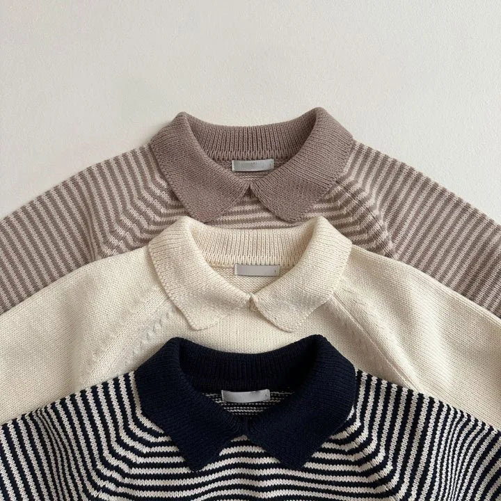 Children Long Sleeve Knit Sweater Kids Boys Girls Vintage Striped Lapel Sweater