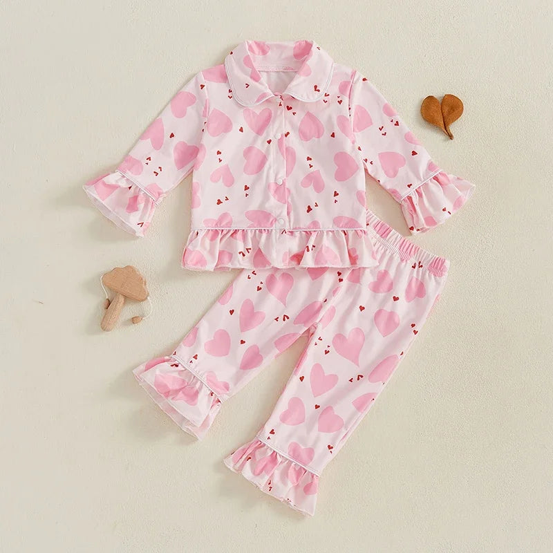 Girls Pajamas Set Heart Print Long Sleeves Shirt and Elastic Waist Pants