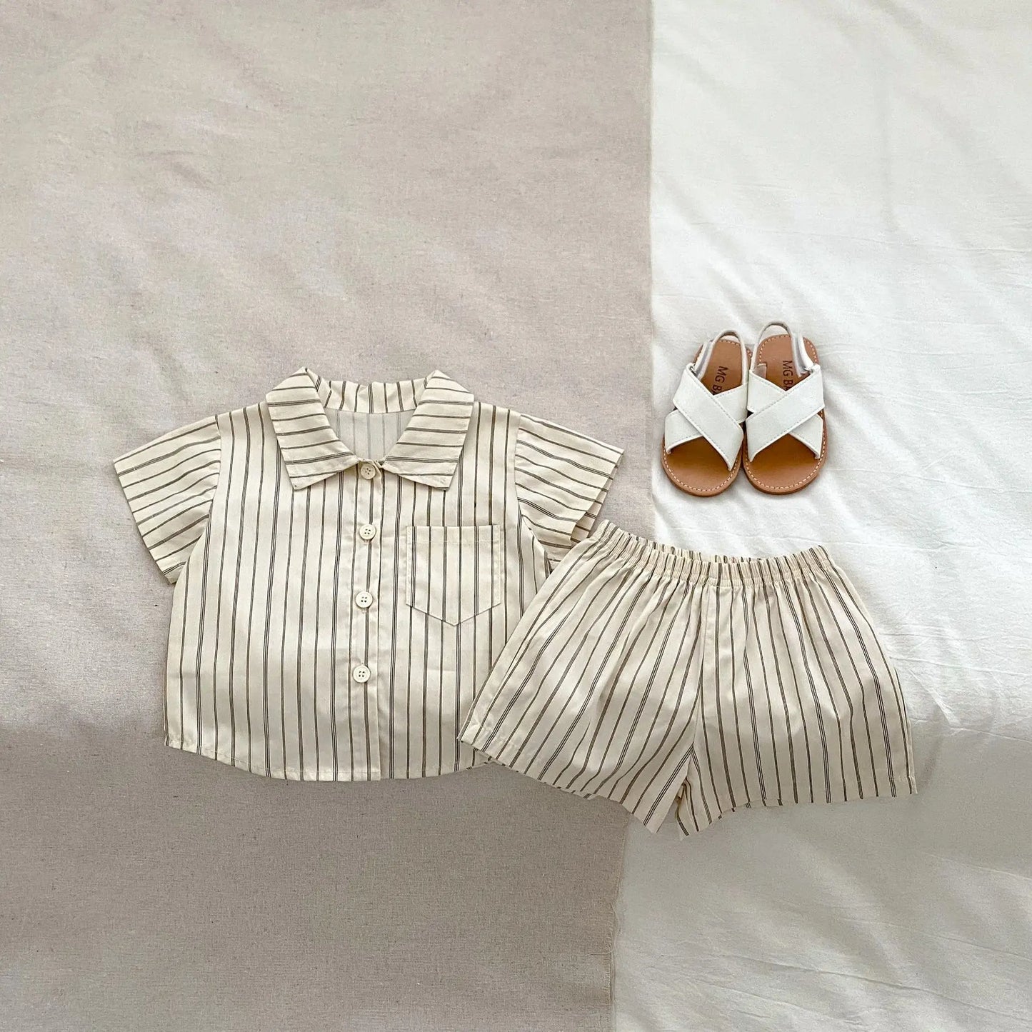 Boy Girl Children Striped Shirt Set Baby Fashion Short Sleeve Lapel Tops+Shorts