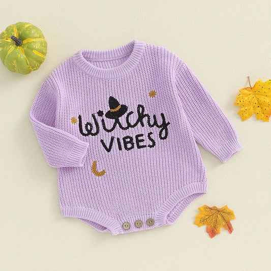 Baby Girls Boys Rompers Halloween Clothes Letter Witch Hat/Pumpkin Face Embroidery