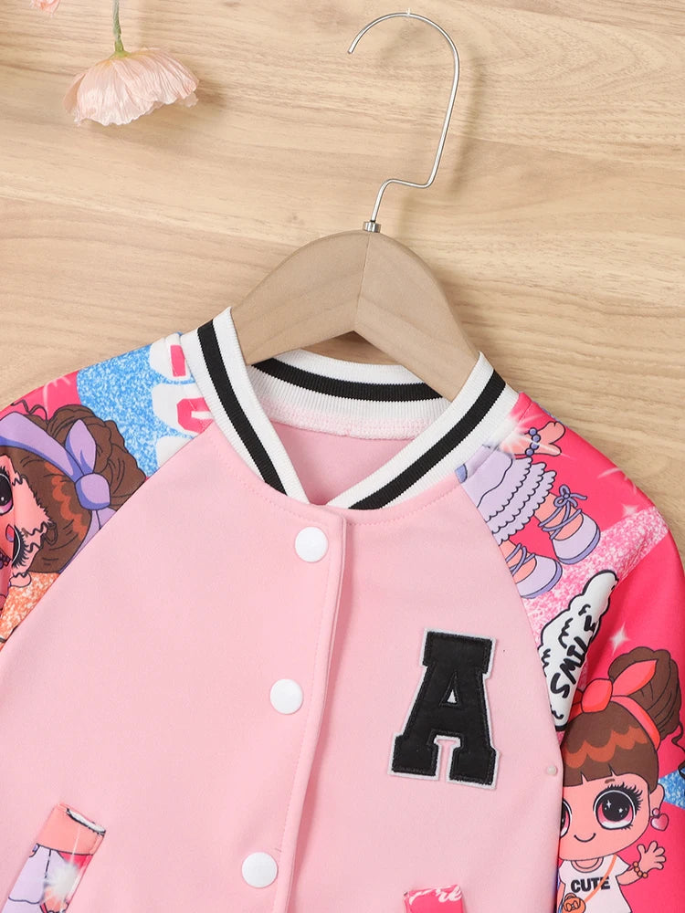 Girls Letter“A” Pattern Cartoon Doll Print Baseball Uniform Jacket