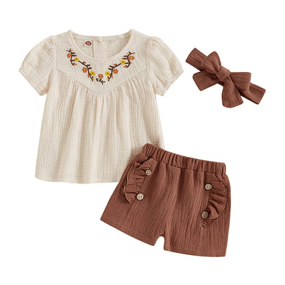 Girls Summer 3PCS Floral Embroidery T-shirt and Shorts Headband Sets