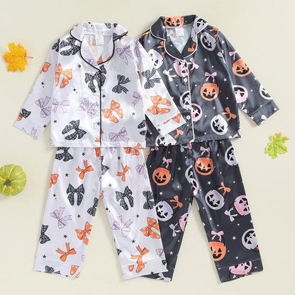 Girls Halloween Pajama Sets Pumpkin/Bow Print Shirt Pants Fall Sleepwear