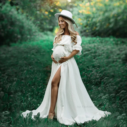 Bohemian Photo Shooting Pregnancy Dress Ruffle Edge Off Shoulder Short Sleeve Linen Cotton Dress