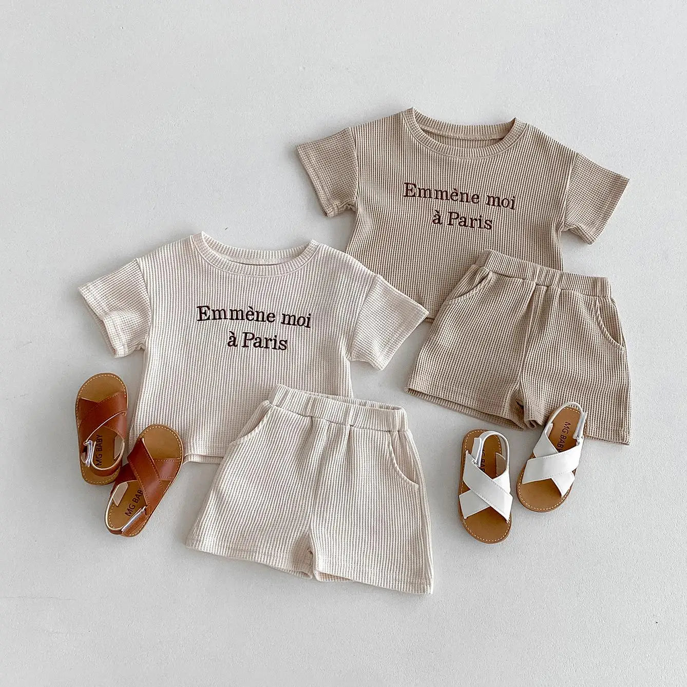 Infant Casual Outfits Boy Girl Children Waffle Letter Short Sleeve Tops + Shorts