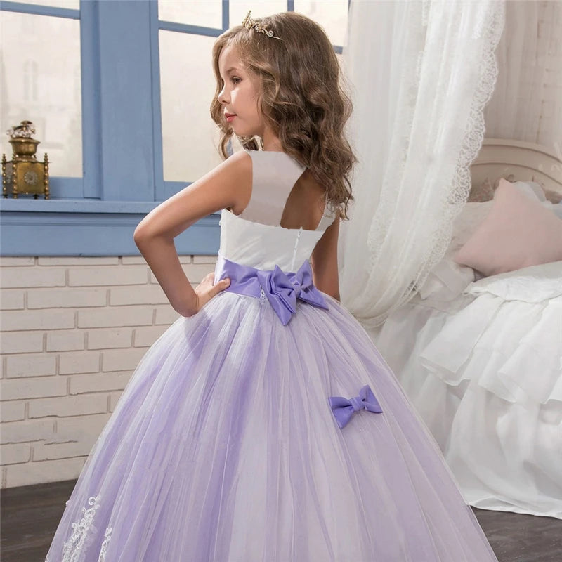 Girls Party Dresses Elegant Teenage Events Flower Purple Long Gown Wedding Costume